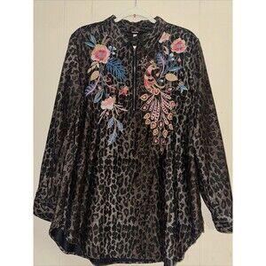 Johnny Was Workshop Womens Large Leopard Print Top Embroidered Flowers Peacock